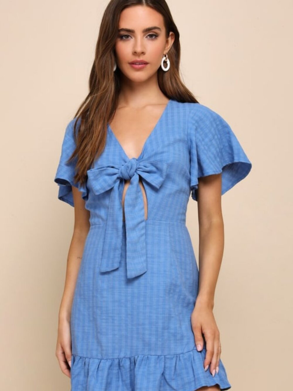 Lulus Adorable Sensibility Blue Cutout Tie-front Ruffled Mini Dress - Size M